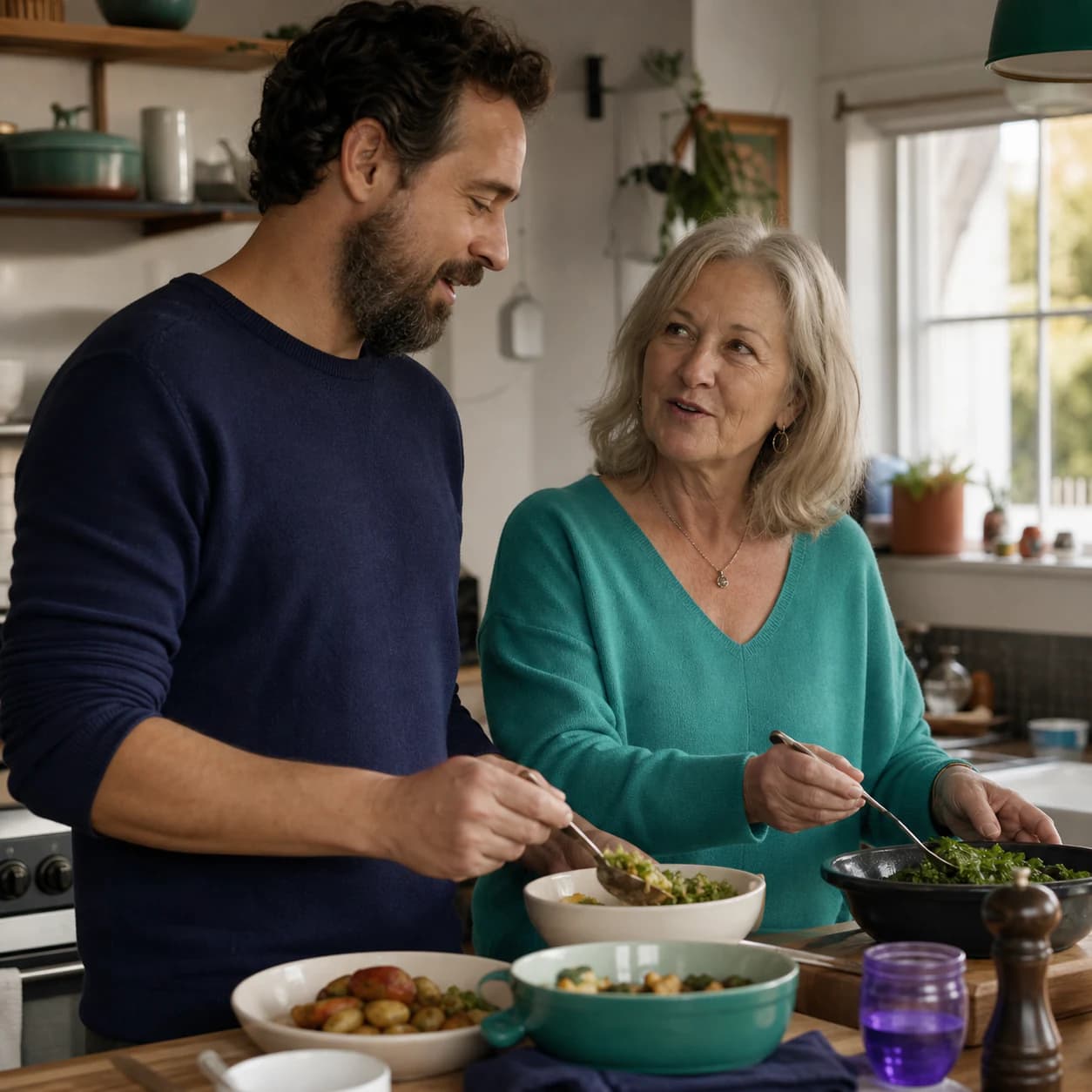 An adult son and his mother preparing a family meal together