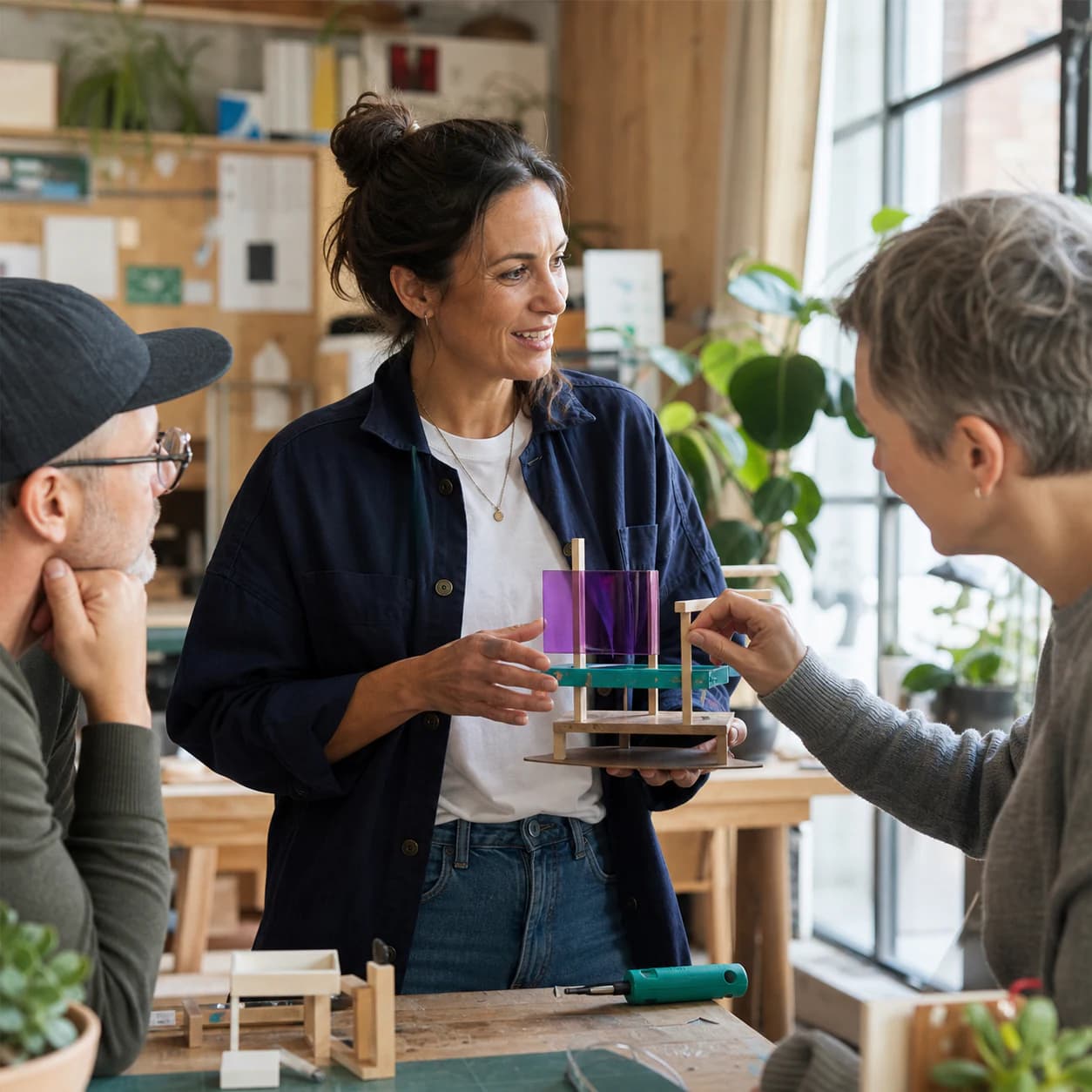 A woman sharing a project she helped shape with two collaborators