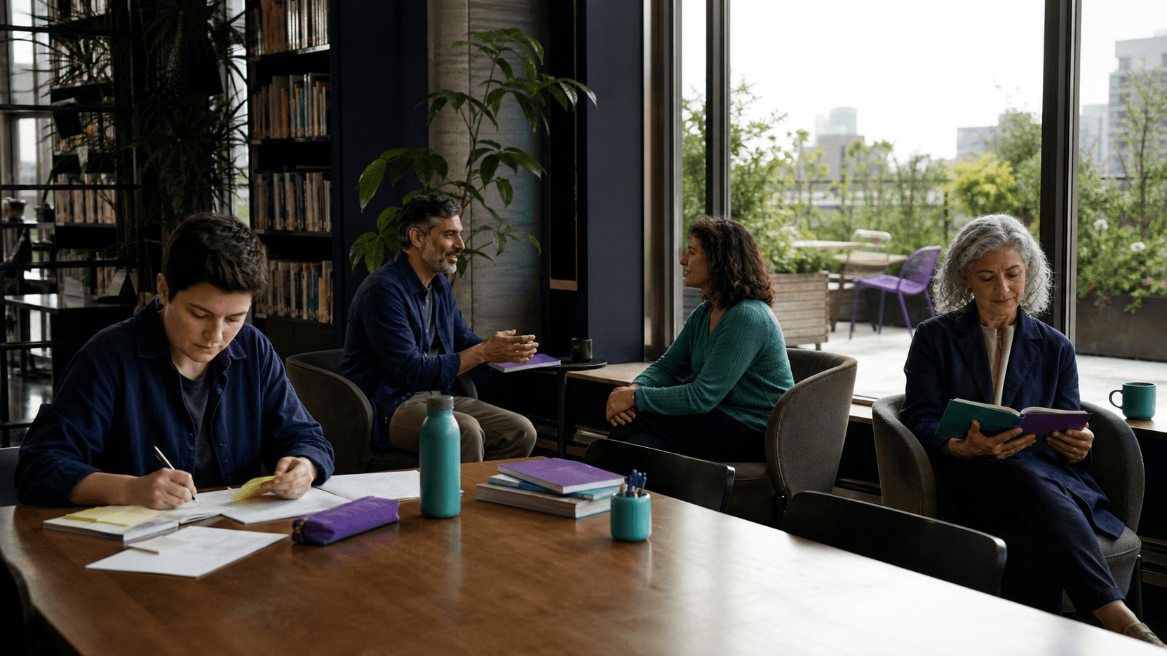 Adults reading, writing, and talking in a shared learning space